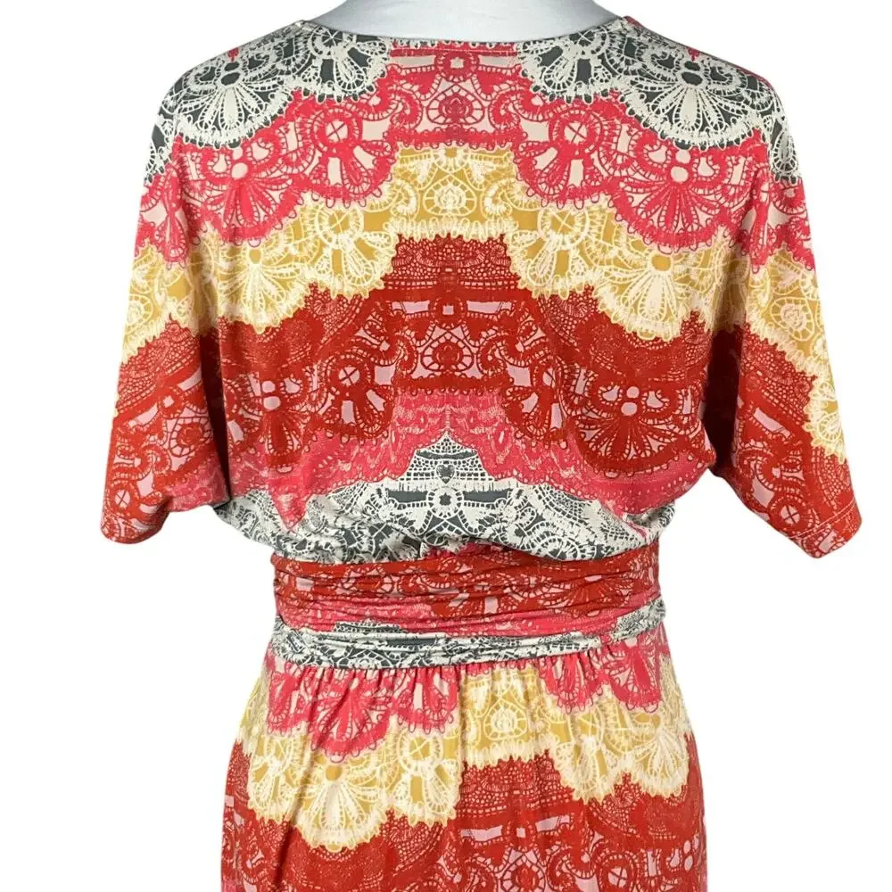 BCBG MAXAZRIA Wrap Dress Tereza Boho Art sz S Red White Yellow Medallion Print - Picture 7 of 16